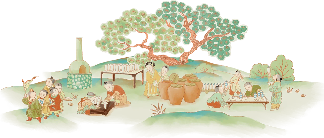 A Chinese village scene of the family preparing and bottling their gin.