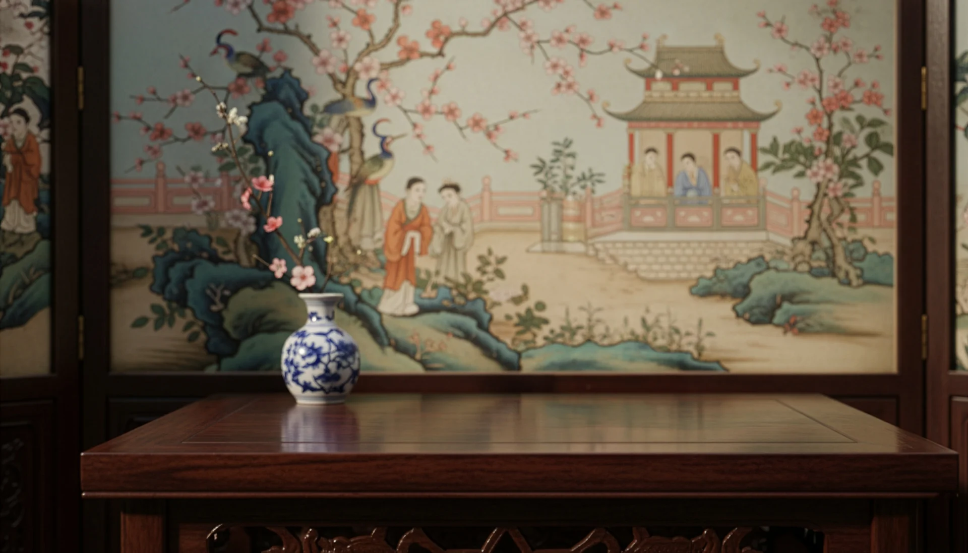 A chinoiserie screen and wooden table